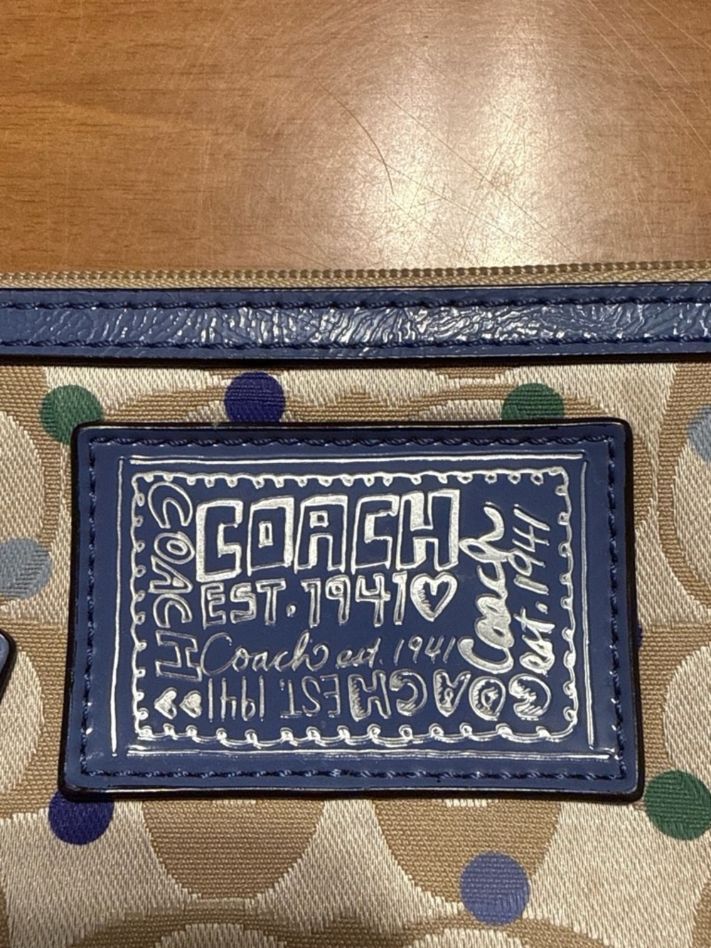 Coach Beige Signature Wristlet with Blue Trim and Multicolor Dots - Picture 2 of 5